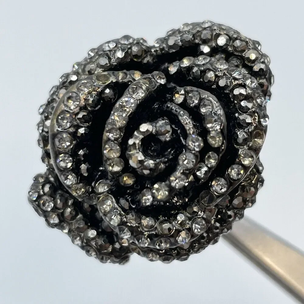 Blackened Metal Rose Shape Heavy Ring Gray Rhinestones Statement Bold Chunky  8